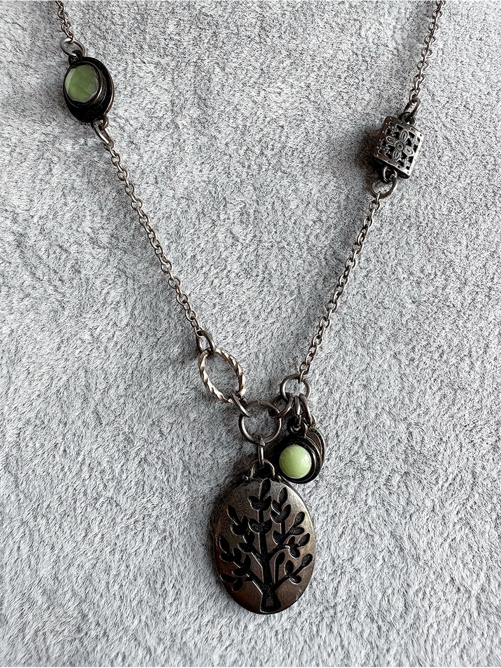 Silver-Tone Tree of Life Pendant Necklace with Green Accents